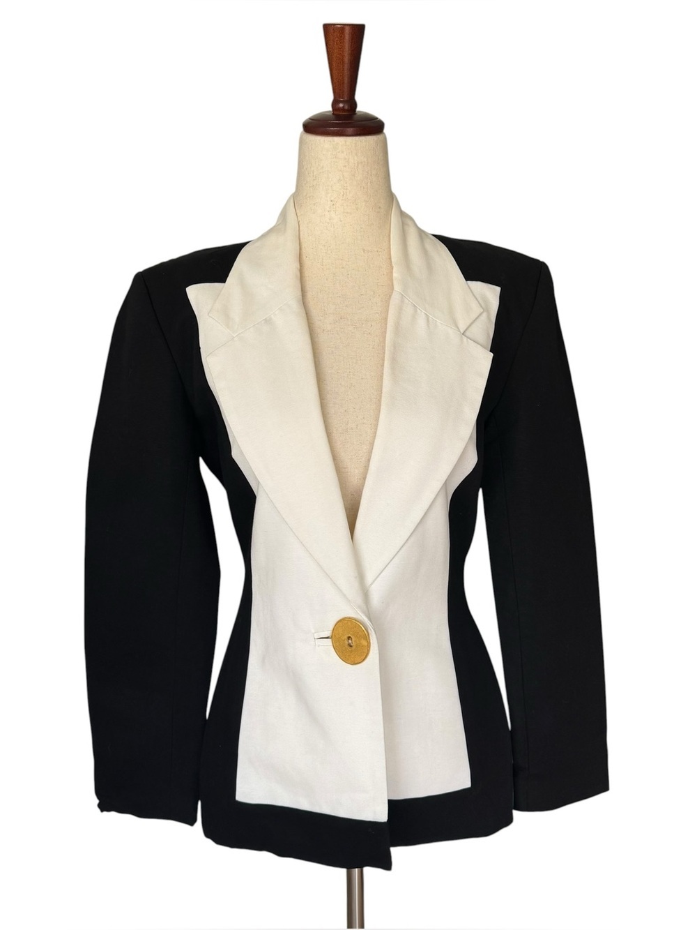 Vintage 80s Ann Taylor Black White Cotton Blazer Contrast Color Block XS